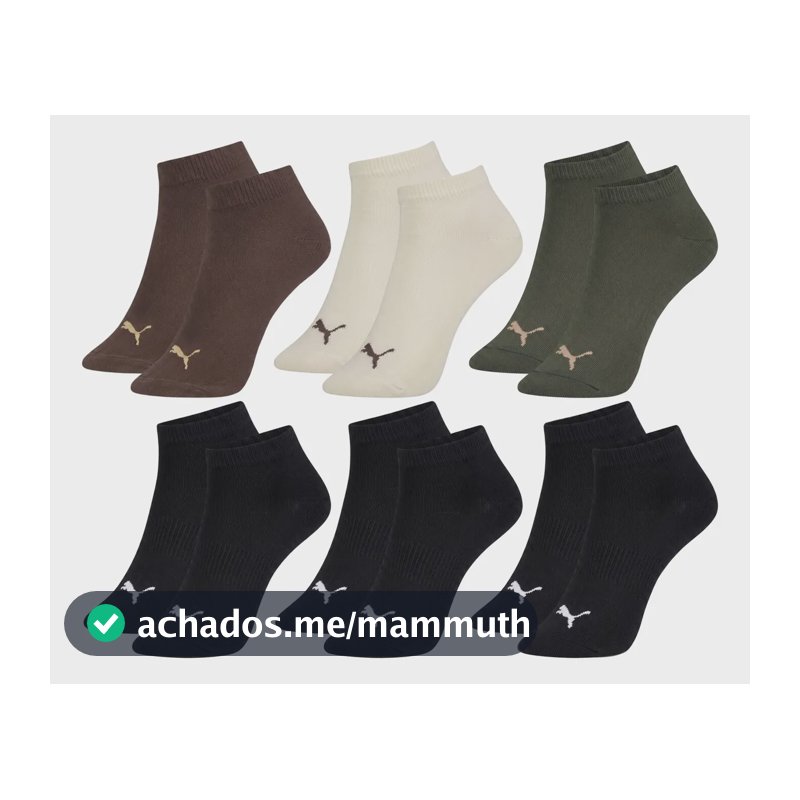 Kit 6 Pares Meia Puma Cano Curto Soquete Masculina Academia 1 Marrom - 1 Off White - 3 Pretos - 1 Verde Militar Meia Algodão Confortável 39-43