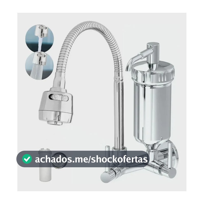 Torneira Cozinha Parede Com Filtro 2 Jatos Modos Prateado Brilhante