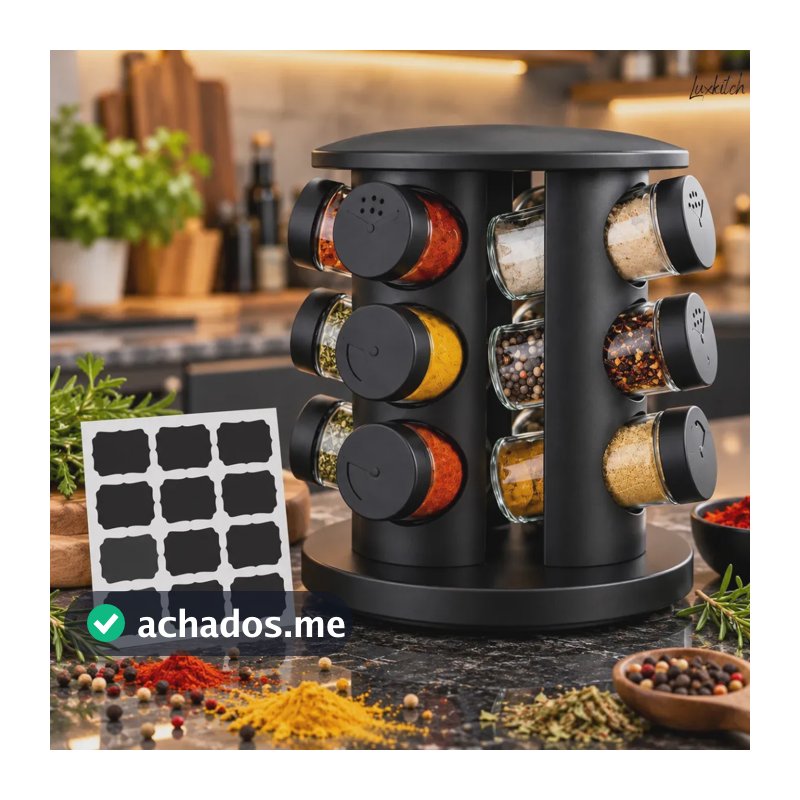 Porta Temperos Condimentos 12 Unidades Potes Vidro Base Giratória Preto Organizador Cozinha Dosador Luxkitch