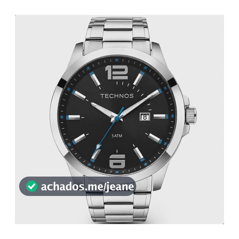 Relógio Technos Masculino 2115gu/1a 45 Milímetros Aço Inoxidável Com Fundo Preto E Azul Prova D´agua 50m Prata Preta Com Azul