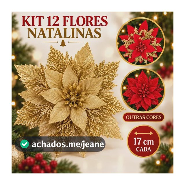 Kit 12 Flores Enfeite Artificial Glitter 17cm Decoração Árvore De Natal Dourado Luvinco