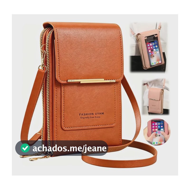 Bolsas De Couro Ombro Feminina Tocar Touch Cellular Multiuso Marrom Liso Ouro