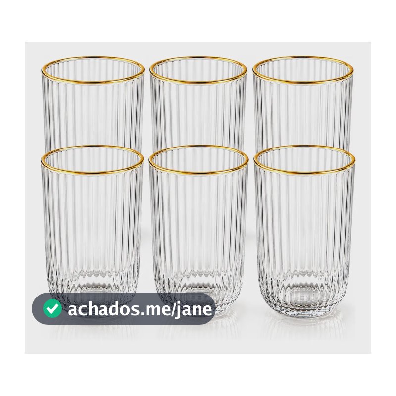 Jogo 6 Copos De Vidro 420ml Canelado Borda Dourada Água Bor Borda Dourada