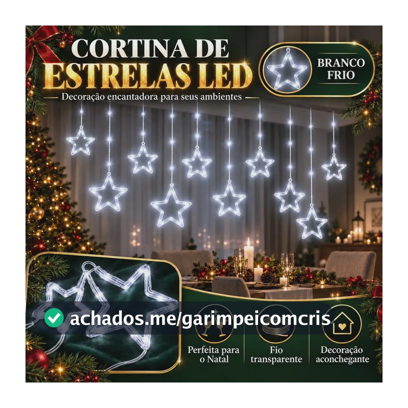 Cascata Led Com Estrelas Decoração 8 Funções Pisca Natal Cor Branco Frio Luzes de Natal
