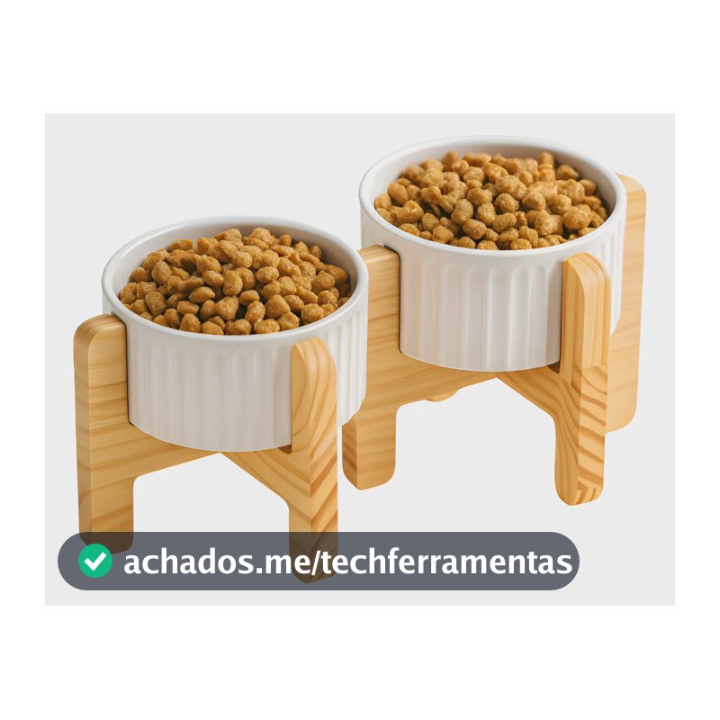 Comedouro Elevado Pet Madeira E Porcelana Branca 320ml Cor Comedouro Branco
