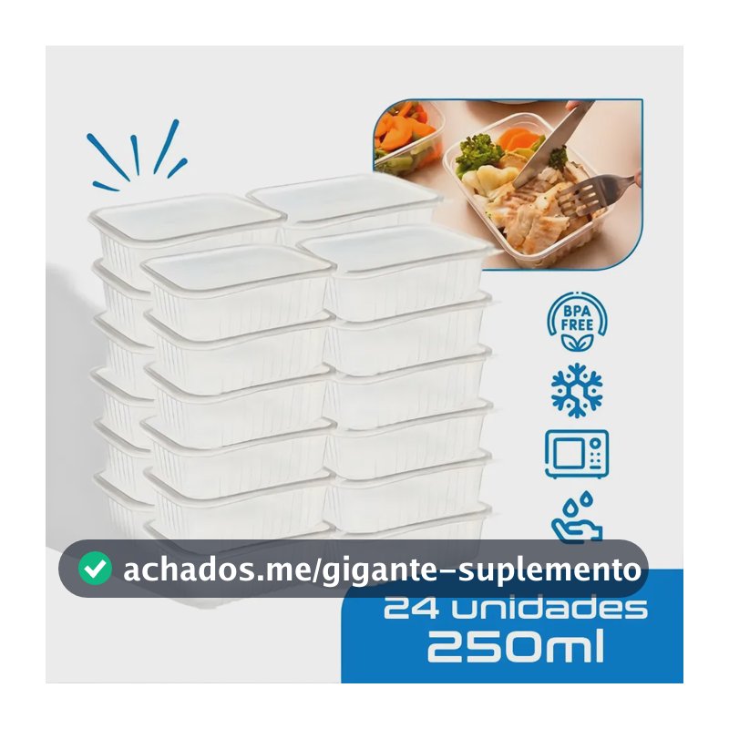 24 Marmitas 250ml Comida Fitness Pote Descartável Retangular Plástico Freezer Microondas Com Tampas - Montza