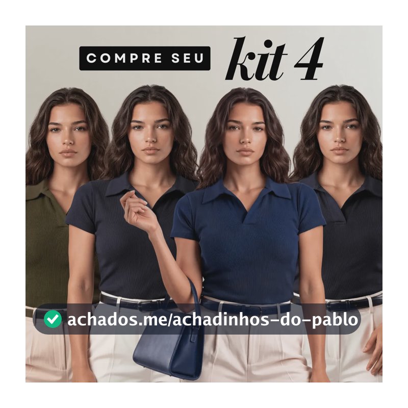 Kit 4 Camisa Gola Polo Feminina Canelada Manga Curta Lisa Dois Pretos Verde E Azul G/gg (44/48) Liso