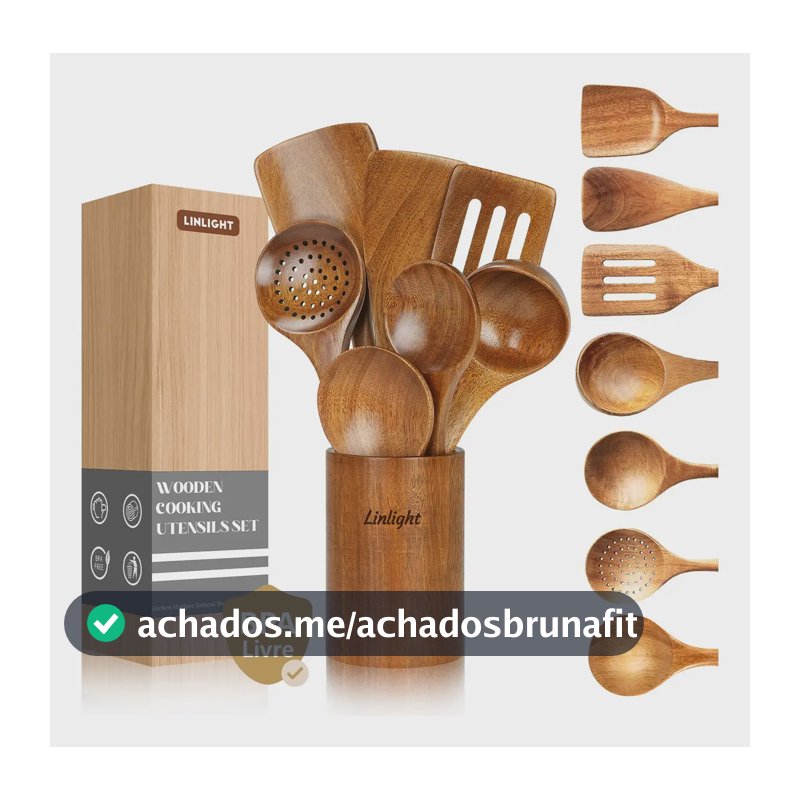 Kit 8 Utensilios Cozinha Escumadeira Madeira Resistentes Ao Calor Com Balde Organizador