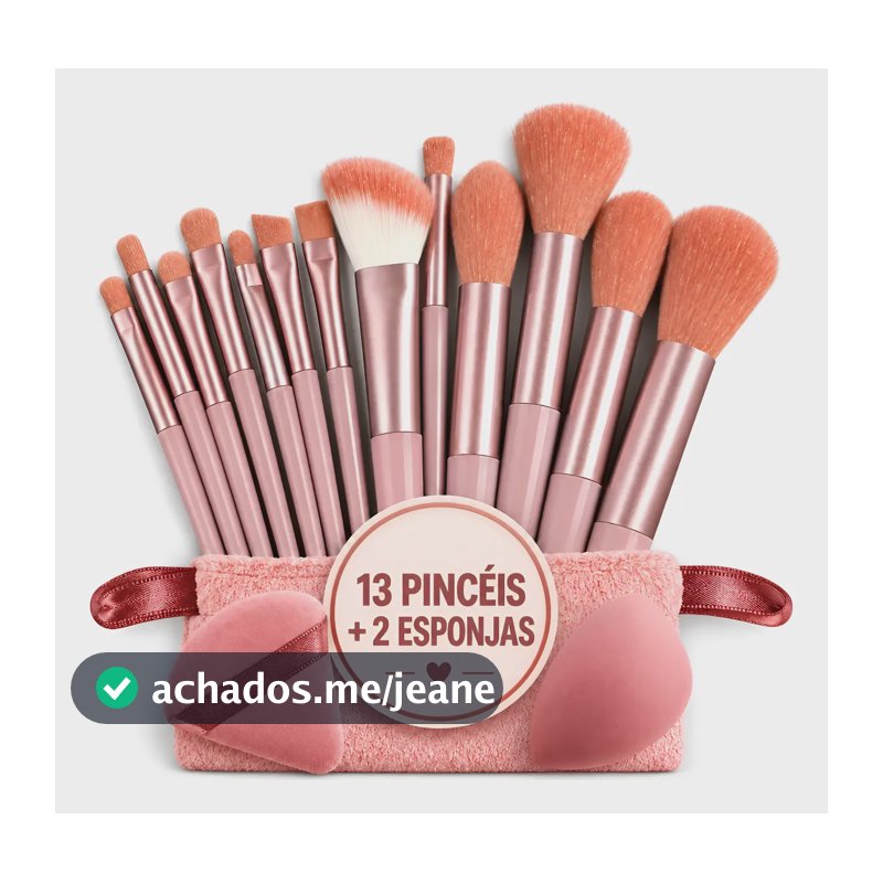 Kit Pincéis De Maquiagem 15 Peças: 13 Pincéis + 2 Esponjas Rosa