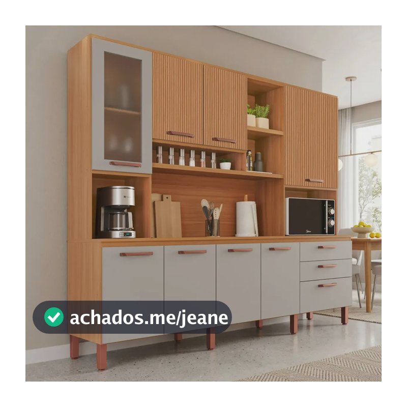 Armário De Cozinha Diana 100% Mdf Tuboarte Cor Freijó Grafite Canelado