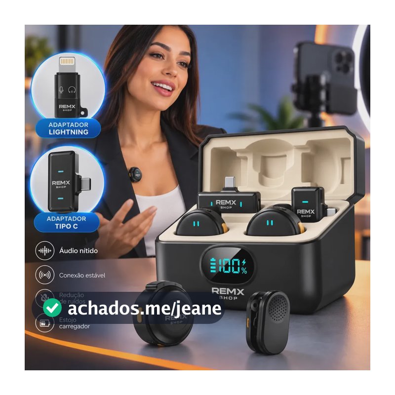 Microfone Lapela Redondo Sem Fio Duplo Imã Para Android E iPhone 15 16 17 Anti Ruído Com Caixinha Para Carregamento Portátil Remx Shop