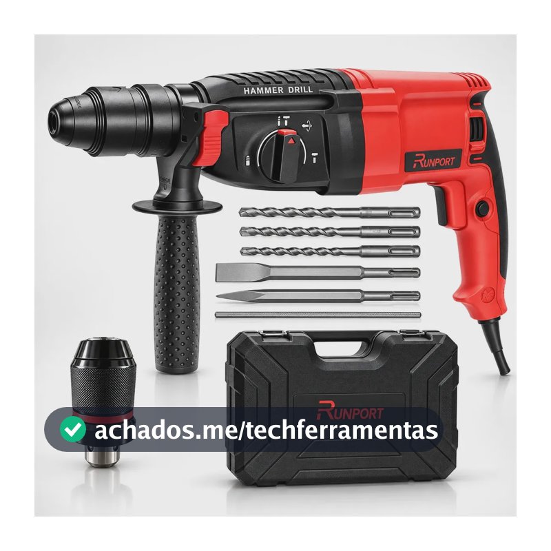 Martelete Perfurador Rompedor Profissional Runport SDS Plus 1300W 3.2J 26mm 3 Funções com Maleta e Acessórios