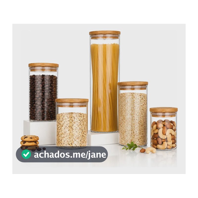 Kit 5 Potes Mantimentos Vidro Herméticos Com Tampa Bambu Alta Resistência Epsilon