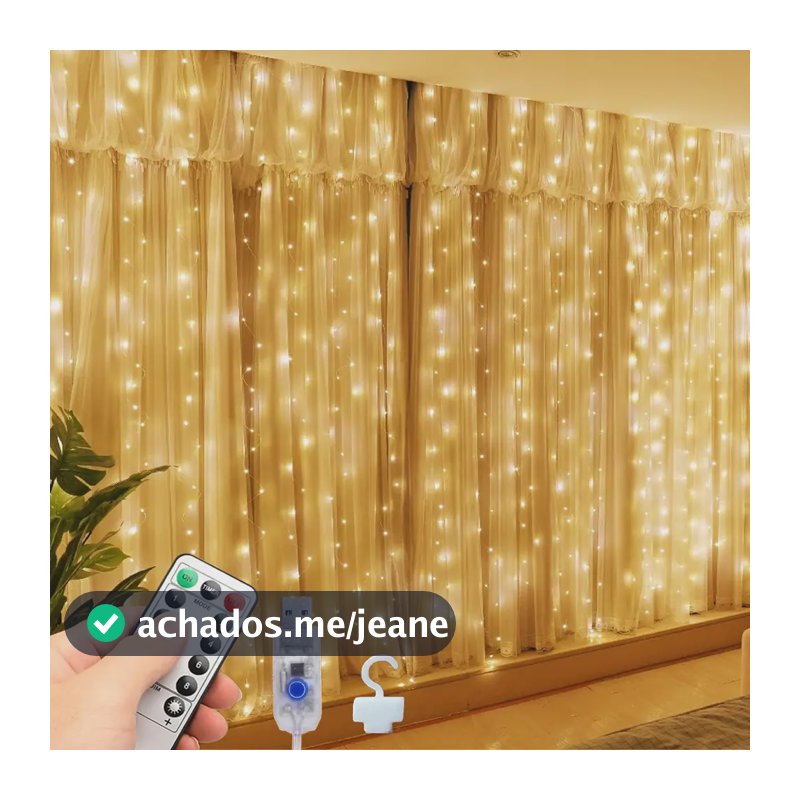 3x3m Cortina 300 Led Pisca Pisca Decoração Natal Duplo Volt Amarelo 127/220v