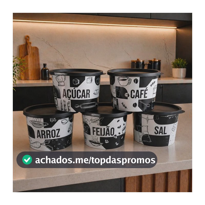 Kit Porta Mantimentos 5 Peças  Redondo Com Decoração 1,5 Lt Preto