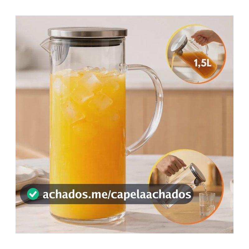 Jarra Vidro Borossilicato 1,5 Litros Tampa Inox Hermética Agua Suco Transparente