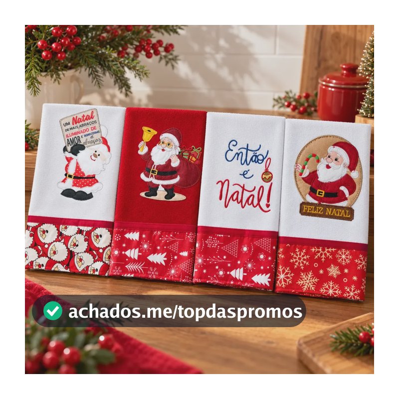 Pano De Prato Natal 100% Algodão Barrado Presenteável Kit 4 Kit 1- Então É Natal