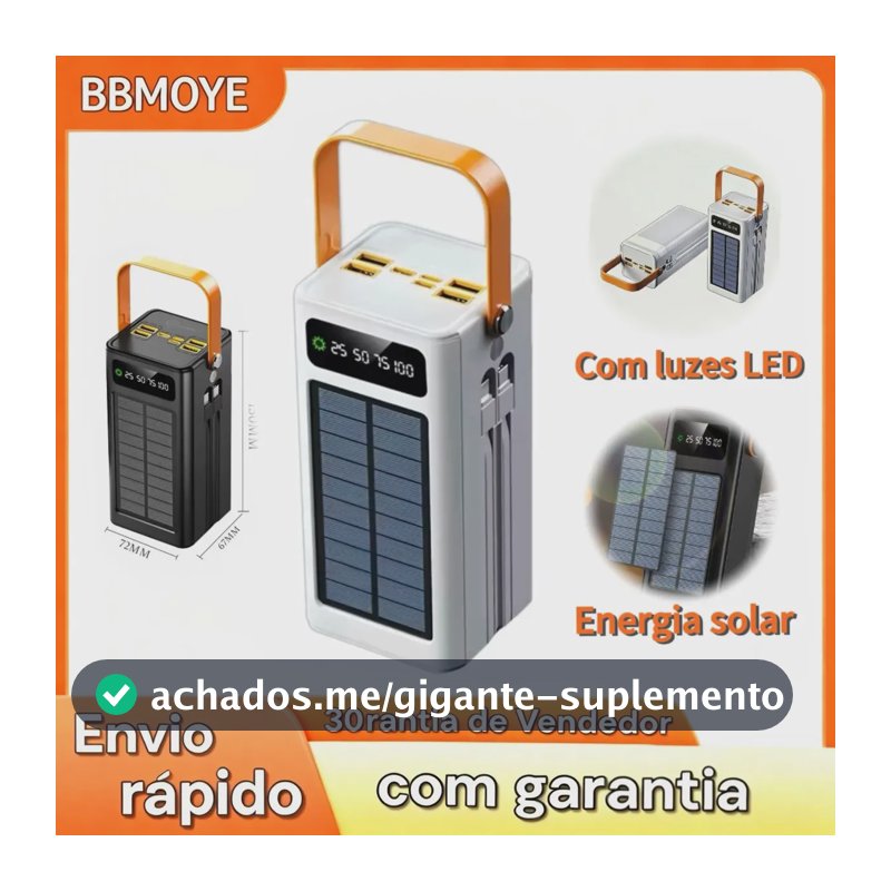 Power Bank Solar 50.000 mAh Carregador Portátil Turbo com Display LED e Lanterna para Viagem e Emergência BBMOYE