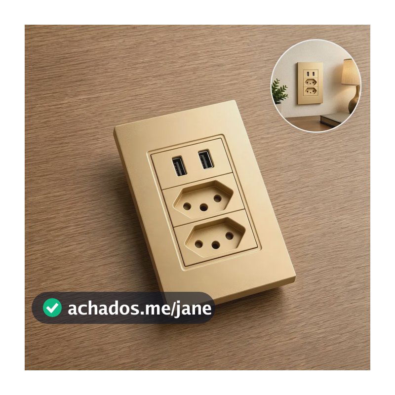Tomada Dupla Usb Eletro Mex Espelho Parede Universal Duas portas USB 4x2 ABS 10A Embutir Dourado