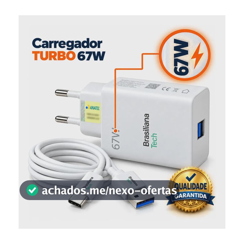 Carregador Turbo 67W Tipo C com Cabo 1m Fonte de Parede Carregamento Rápido Adaptador Tomada Compatível com Xiaomi Redmi Note 7 8 9 10 11 12 Pro Poco X3 Pro M3 Mi 8 9 10 A2 A3 Brasiliana Tech