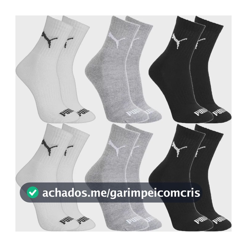 Kit 6 Pares Meias Puma Algodão Cano Médio Alto Atoalhado 2 Pretas, 2 Cinzas E 2 Brancas M - 34 A 39