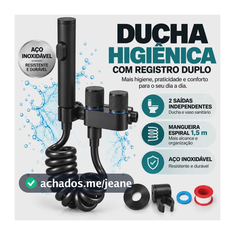 Ducha Higiênica Preta Com Desviador Duplo 2 Vias Controle Separado Vaso Sanitário Mangueira Espiral