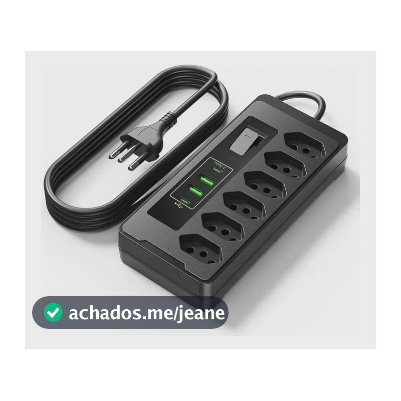 Filtro de Linha para 6 Tomadas com 2 USB e Proteção Contra Sobrecarga, Cabo de 2 Metros e 10A