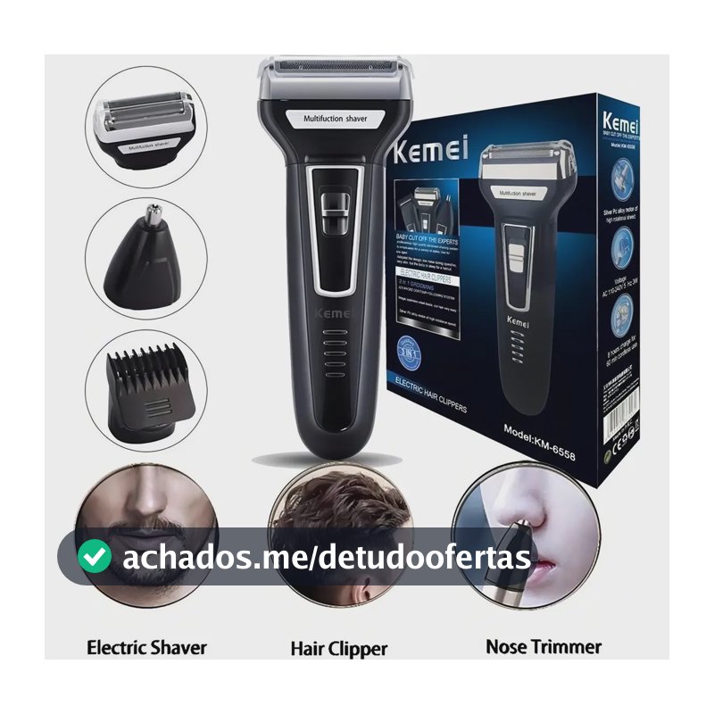 Barbeador Aparador Cortador Kemei 3 em 1 KM-6558 Recarregável Preto