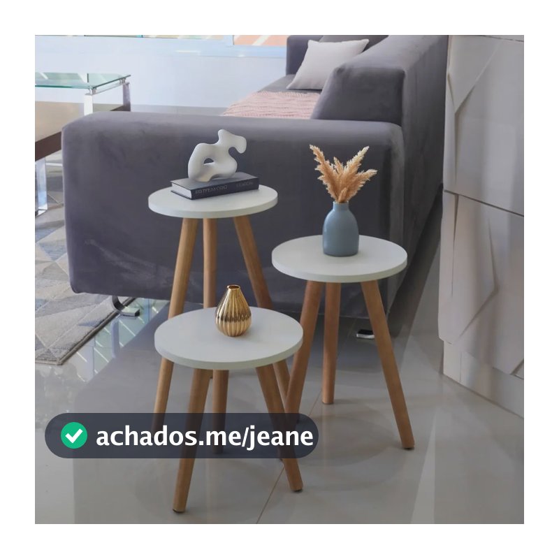 Kit 3 Mesinhas Redonda Pé Palito Retro Trio Mesas Decorativo Acabamento Fosco Cor Branco