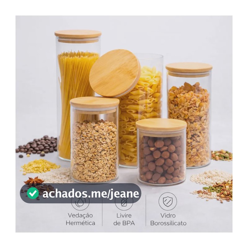 Kit 5 Potes De Vidro Herméticos Com Tampa De Bambu Para Mantimentos Alimentos Grãos Café Massas Cereais Cozinha Com Vedação Hermética Vidro Borossilicato Livre Bpa Transparente
