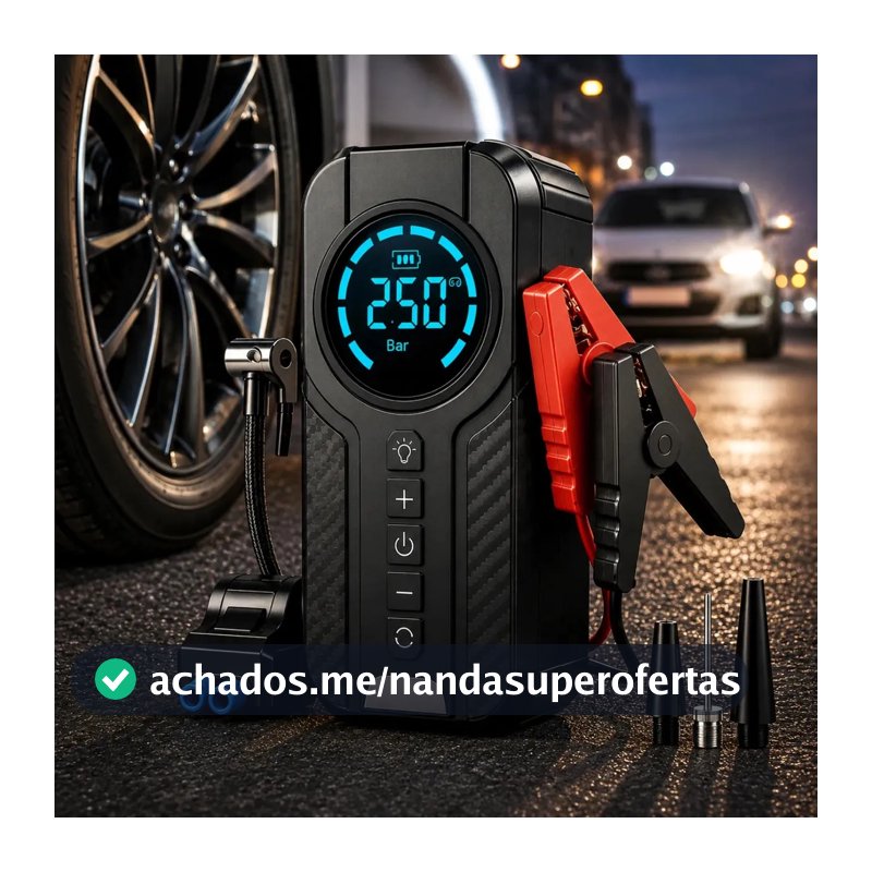 Auxiliar De Partida Bateria Com Compressor De Ar 150 Psi Calibrador Digital De Pneu 12V 4 Em 1 Recarregável Bivolt Inflador Mangueira Para Carro Caminhonete SUV Pickup Emergência Automotiva MidiaFone