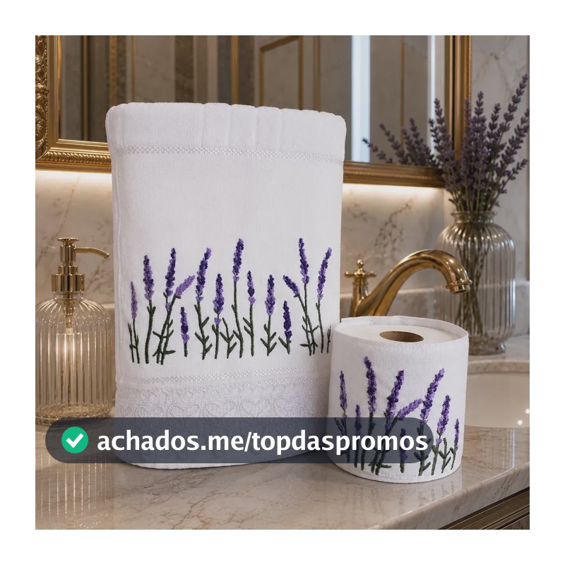 Kit Lavabo Dohler Lavanda Bordada Toalha + Porta Papel Branco Lavanda Provence + Capa