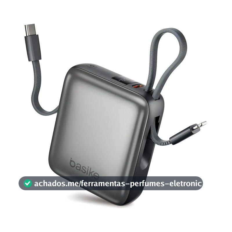 Carregador Portátil Power Bank Basike 10000mAh 22.5W Rápido 4 Saídas Cabo Embutido Display iPhone Samsung