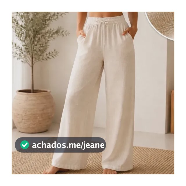 Calça Pantalona Cru Wide Leg Cós Elastico Saída Praia Jeans