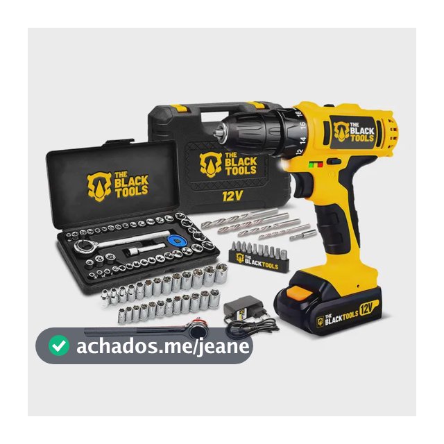 Parafusadeira Furadeira Sem Fio Bateria 12v P/ Madeira Metal Tb-12e The Black Tools Com Jogo De Soquetes 40 Peças