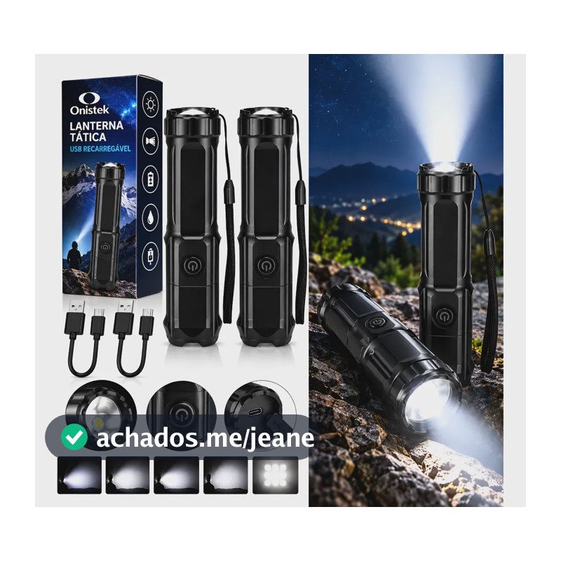 Kit 2 Lanternas Led Táticas Recarregáveis Usb 300m Branco Preto
