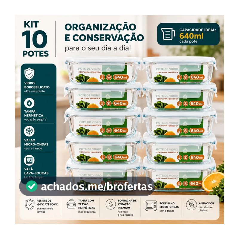 Kit 10 Potes Herméticos De Vidro 640ml Haushop Tampa Vedação Firme Para Geladeira E Despensa Organização Da Cozinha