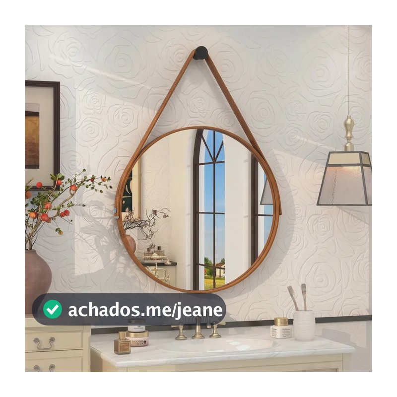 Espelho Redondo 60cm Adnet Alça de Couro Caramelo Dupla Costura e Suporte em Alumínio Quarto, Banheiro, Sala MF901
