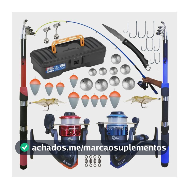 Kit Pesca Completo 2 Varas + 2 Molinetes E Acessórios Preto