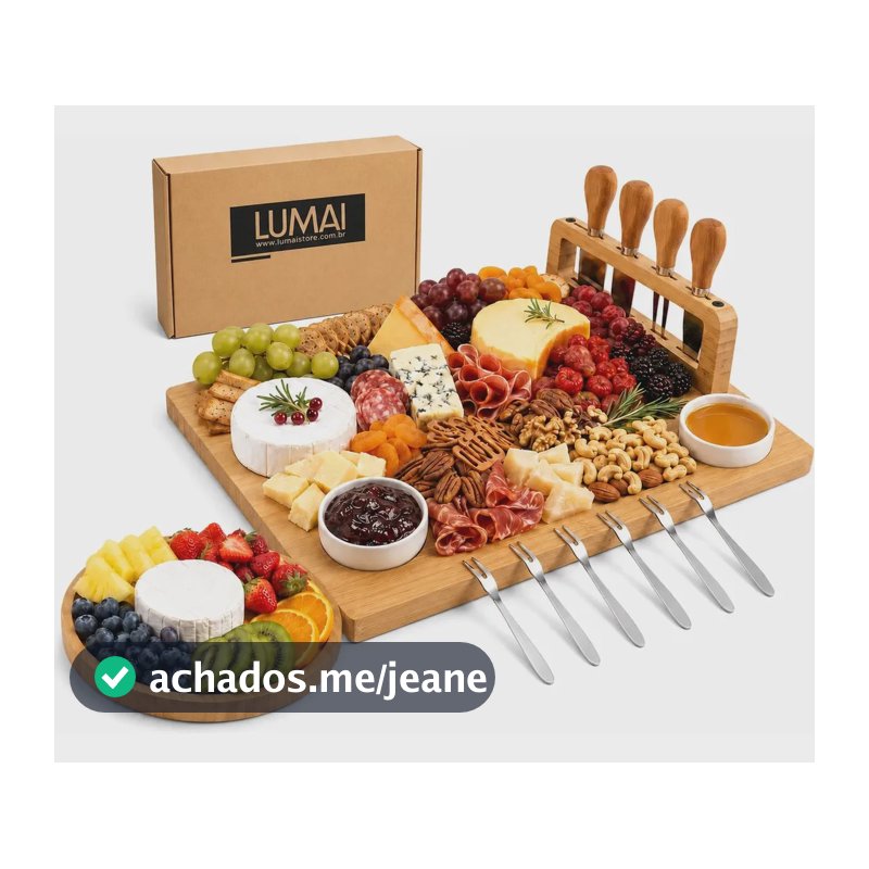 LUMAI Kit Petisqueira e Tábua Bali para Petiscos Grande Queijos e Frios de Bambu Premium Mesa Posta - Bandeja para Servir de 40cm x 29,5cm Suporte de Garfos Magnético - Base Antiderrapante