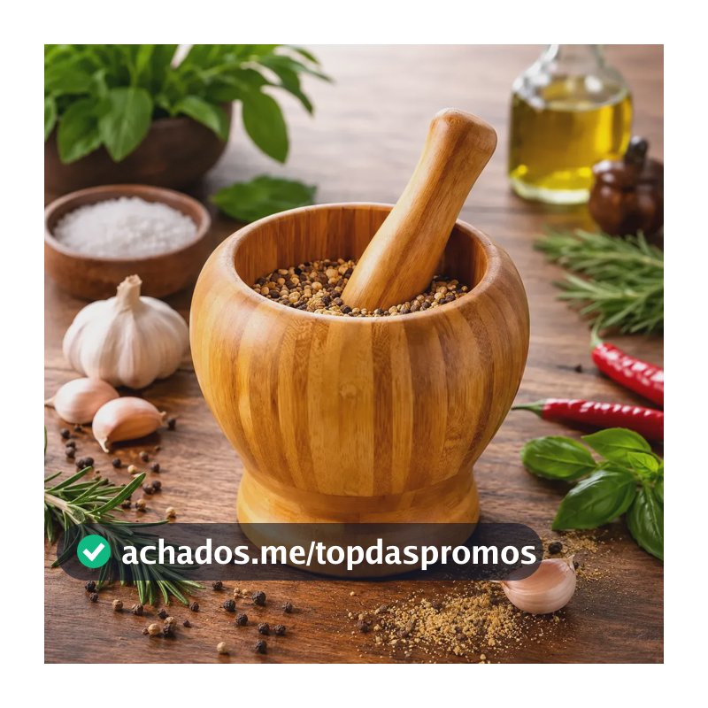 Pilão Madeira Bambu Com Socador Temperos Condimentos Alho Marrom-claro