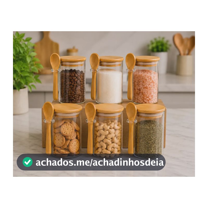 Kit 6 Potes De Vidro Herméticos 200ml Com Tampa De Bambu E Colher Porta Mantimentos Café Açúcar Temperos Grãos Organizadores Cozinha