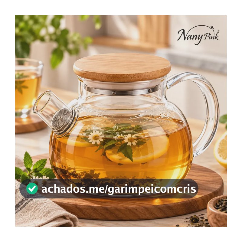 Bule Chaleira de Vidro Borossilicato 800ml com Tampa de Bambu e Filtro Infusor Inox para Chá Café Água Quente - Nany Pink