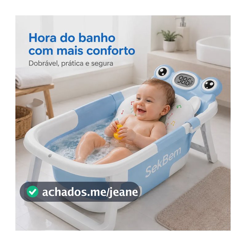 Banheira Bebê Dobrável Flexível Com Termômetro E Almofada de Banho Cor Azul