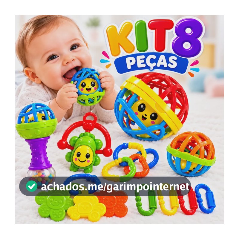 Kit Chocalho Mordedor Bebê 8 Peças Brinquedo Sensorial Cores Colorido Animais E Formas Geométricas