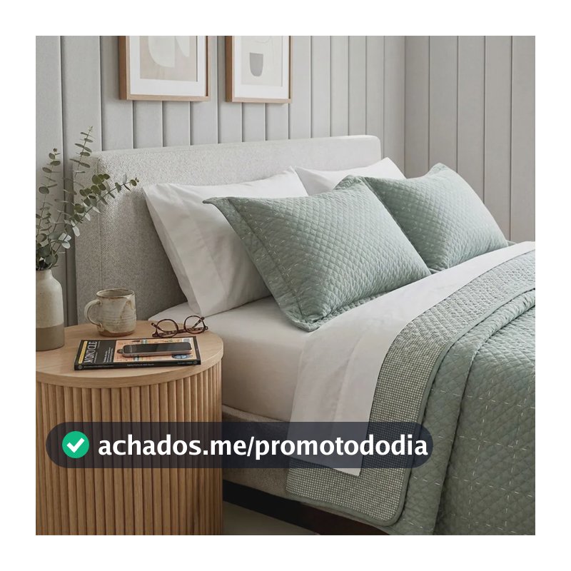 Kit Cobre Leito Colcha Casal 3 Peças Boutis Lisas Dupla Face Porta Travesseiro Aba Americana Grid Verde