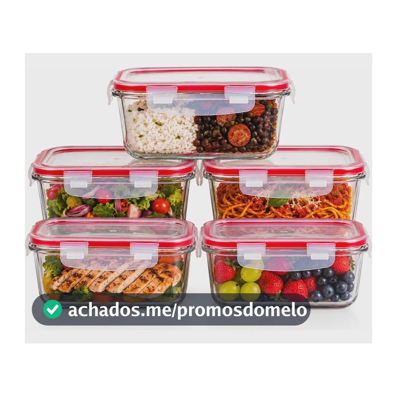 Kit 5 Potes De Vidro Marmita Hermético 640ml Freezer Fitness Transparente