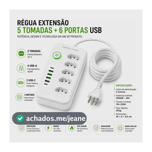 Régua Extensão 5 Tomadas + 4 Usb + 2 Tipo C Filtro Linha Branco 127/220v