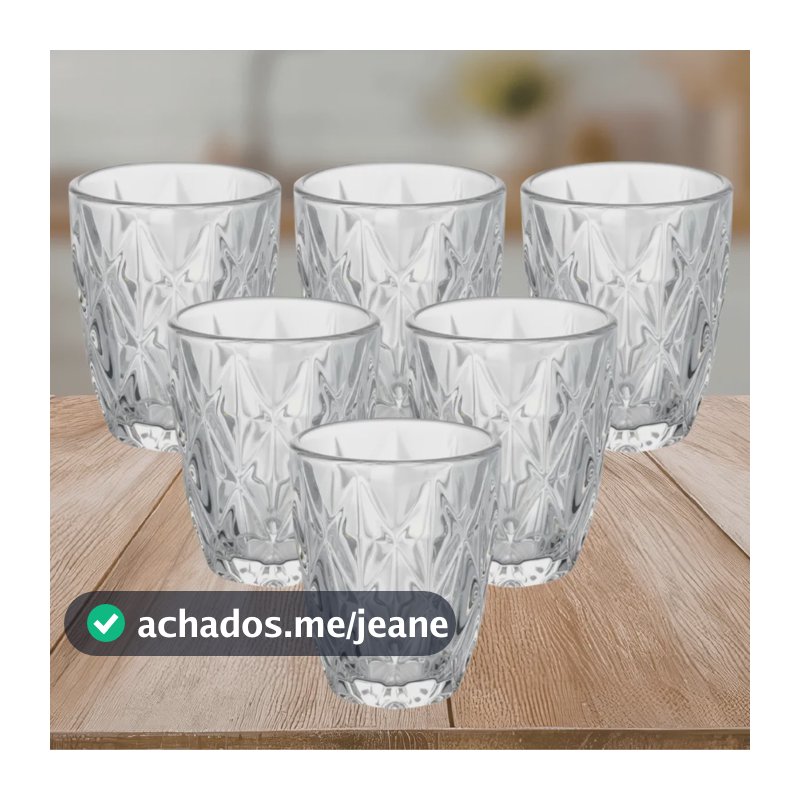 Jogo 6 Copos Diamond 300ml Vidro Grosso Diamante Lapidado