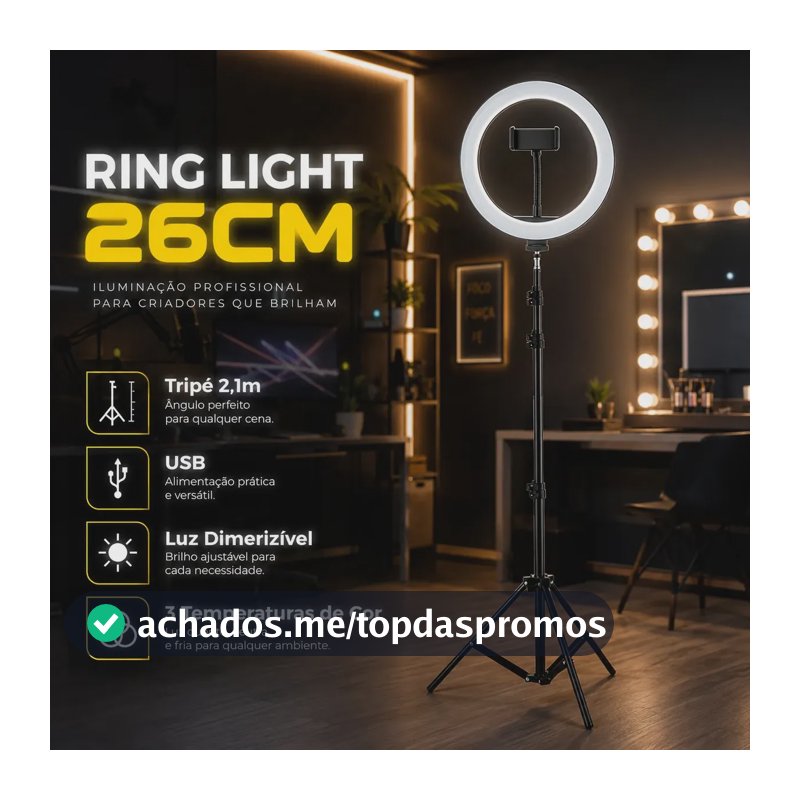 Ring Light Led Profissional Com Tripé 2,10m Estrutura Preta Luz Quente/frio/neutro